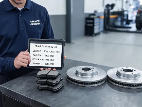Service advisor checking brake part fitment