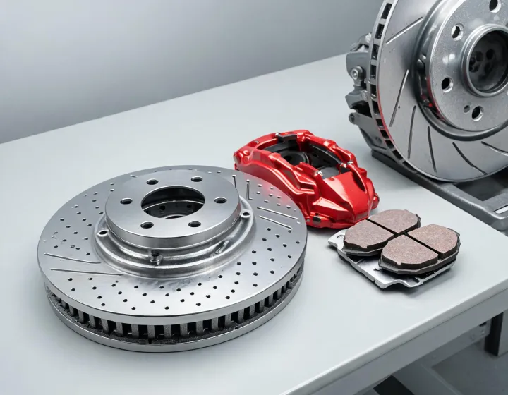 Brake rotor caliper and pad set on workshop bench