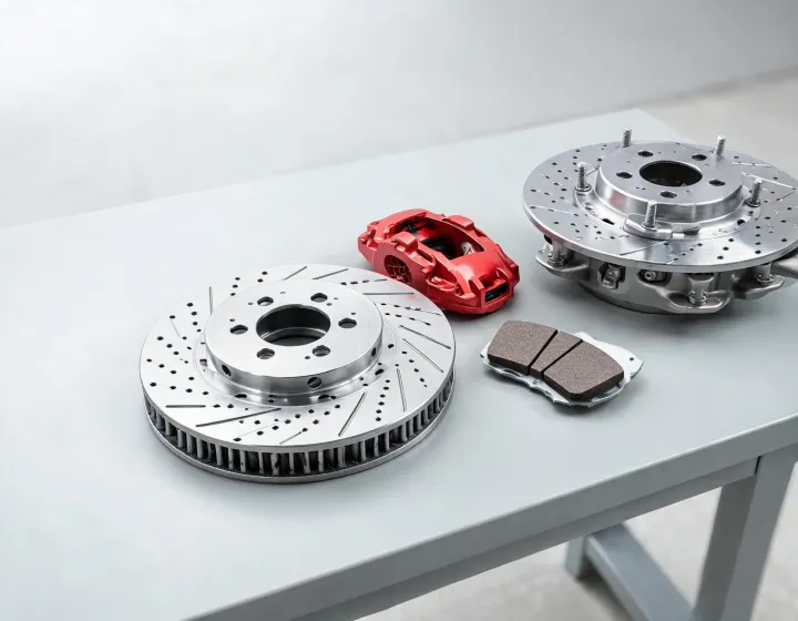 Brake rotor caliper and pad set on workshop bench